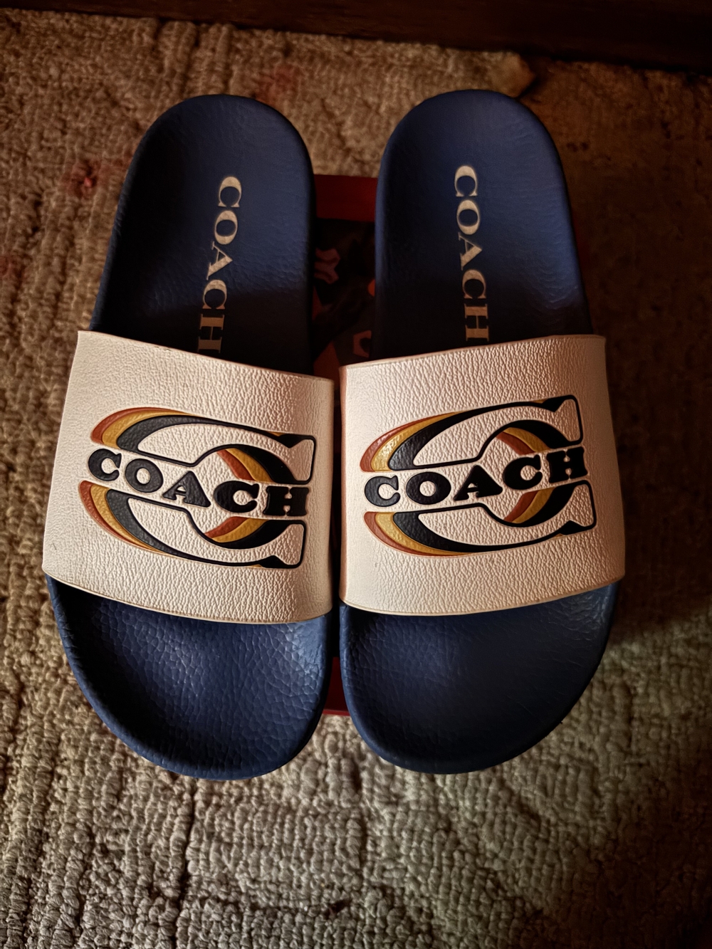 Coach Blue & Cream Slide Sandals - Logo Strap
